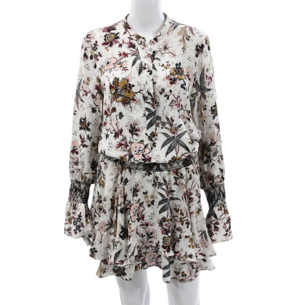 A.L.C. Womens Blouson Floral Silk Collared Button Short Dress Longsleeve Size 6